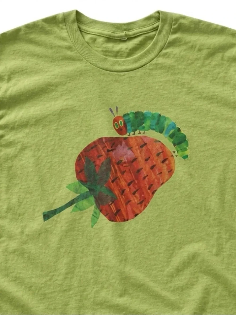 Kiwi Green Tee with Strawberry & Caterpillar Graphic